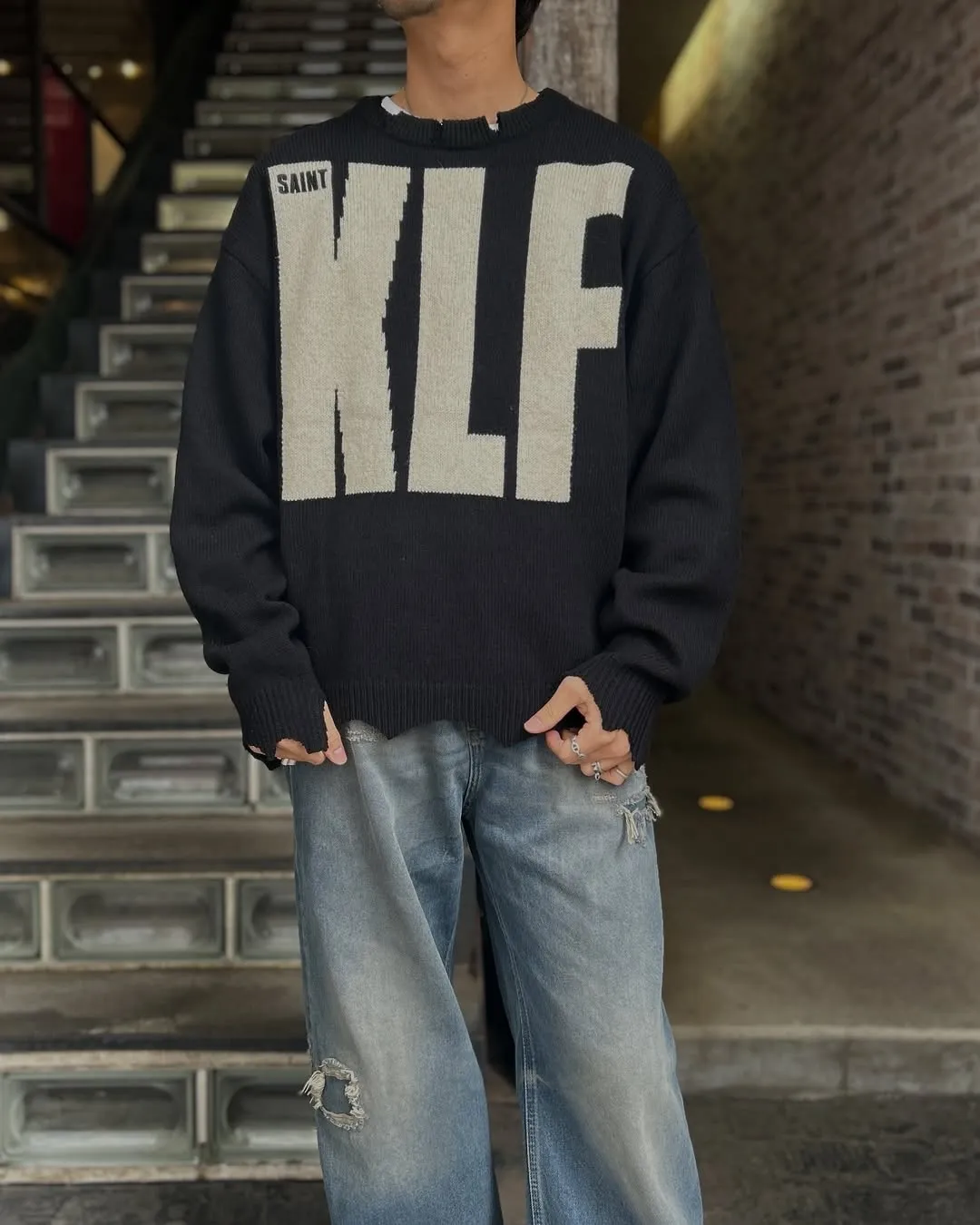 SAINT Mxxxxxx × The KLF KLF_CREW NECK KNIT/BLK KLF joint deconstructed wool sweater, black S-XL, original heel, made of 100% pure wool, natural and warm, wool fabric, dry cleaning or gentle hand washing recommended, completely correct version, customized KLF joint main mark/wash mark, imported special machine embroidery, full three-dimensional, pure hand destruction, deconstructed and shredded